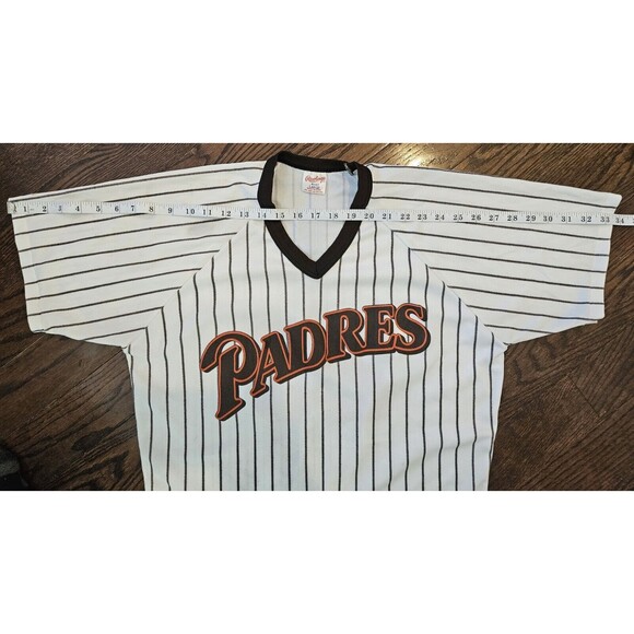 San Diego Padres Baseball Rawlings Pinstripe Single Stitched Shirt Men's L VTG - Picture 10 of 14